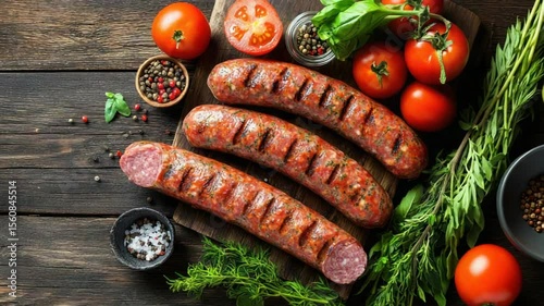 Grilled sausages with herbs and tomatoes on a rustic wooden board