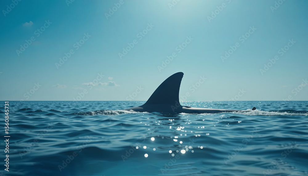 Fototapeta premium A shark fin appears above the tranquil surface of the ocean, with sunlight illuminating the water. This moment captures the beauty and mystery of marine life in a serene setting