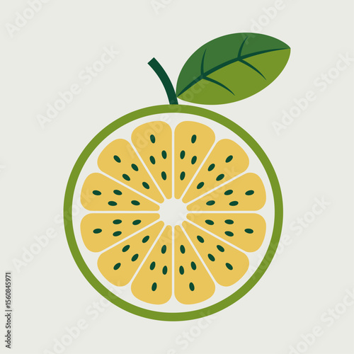 Stylized citrus fruit slice with green leaf yellow