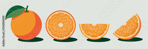 Whole orange with leaves and sliced citrus segments fruit
