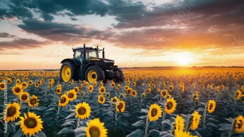 Sleek black tractor parked in a blooming sunflower field under natural daylight with a vivid rural farming atmosphere