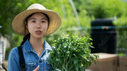 Young Asian farmer standing in a field holding freshly harvested crops with a natural rural landscape in the background