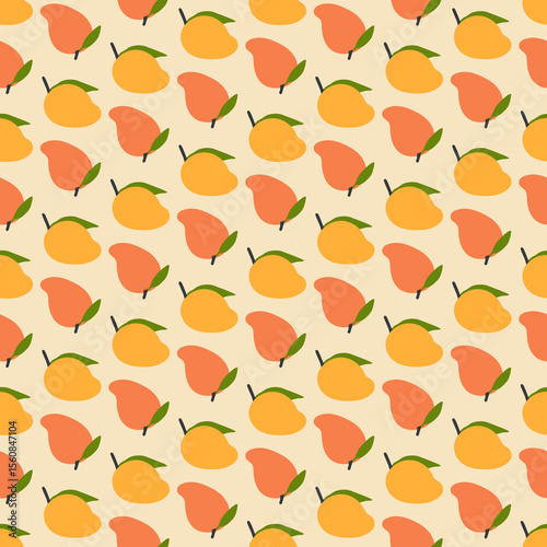 Summer seamless pattern with mango fruits. Perfect art background for postcard, textile, fabric, paper. Hand drawn illustration.