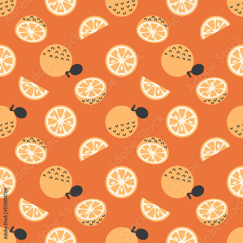 Seamless pattern with retro flat style oranges. Perfect background for card, label, textile, fabric, paper. Hand drawn illustration.