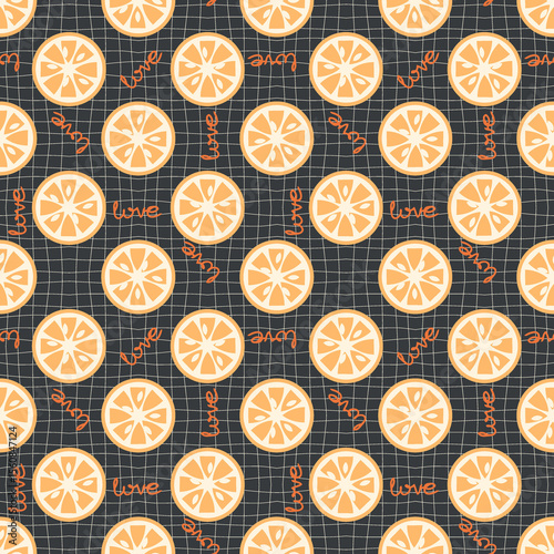 Summer seamless pattern with orange slices. Perfect for banner, textile, fabric, paper, label, sale. Hand drawn illustration.
