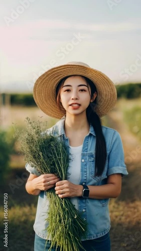 Young Asian farmer standing in a field holding freshly harvested crops with a natural rural landscape in the background