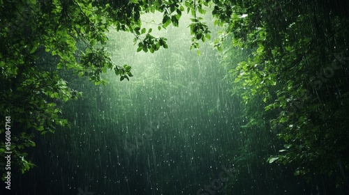 Rain falling on dense forest canopy at night, dark atmospheric nature background with glistening raindrops, seamless loop 4k animation