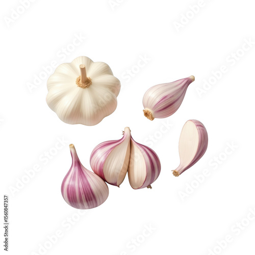Fresh garlic bulb and cloves with purple streaks isolated on transparent background
