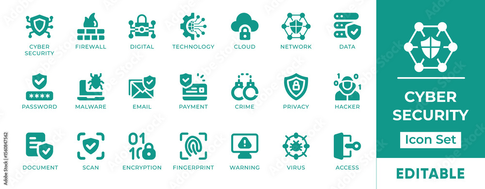 Fototapeta premium Cyber Security Icon Set. Features symbols for data protection, threat defense, encryption, and network security. Perfect for IT teams, cybersecurity, and businesses.