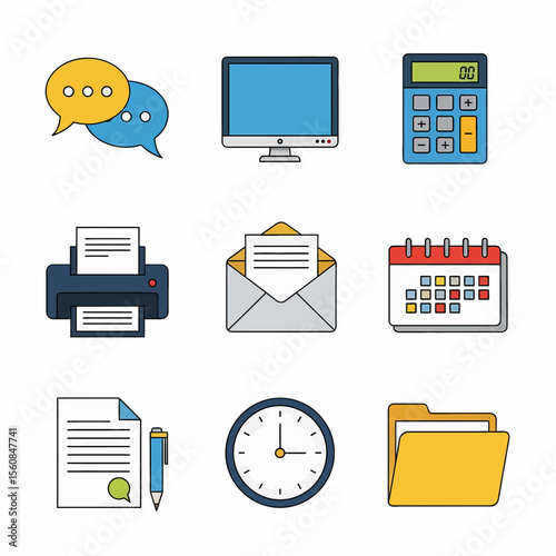 
Adobe illustrator vector flat style illustration of a professional set of business office icons, including a briefcase, document, handshake, clock, file cabinet, and a silhouette of business people