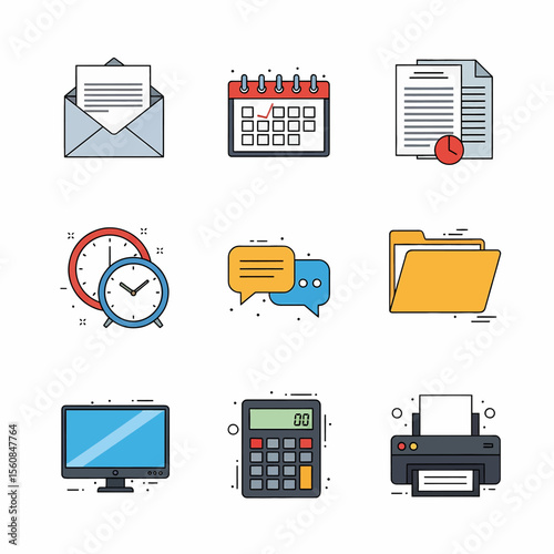 
Adobe illustrator vector flat style illustration of a professional set of business office icons, including a briefcase, document, handshake, clock, file cabinet, and a silhouette of business people