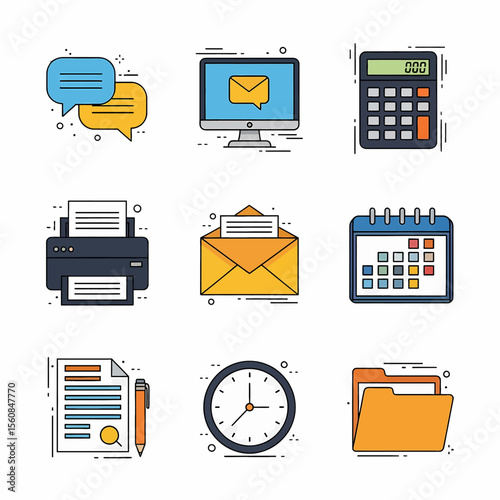 
Adobe illustrator vector flat style illustration of a professional set of business office icons, including a briefcase, document, handshake, clock, file cabinet, and a silhouette of business people