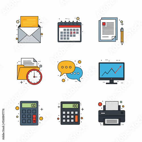 
Adobe illustrator vector flat style illustration of a professional set of business office icons, including a briefcase, document, handshake, clock, file cabinet, and a silhouette of business people