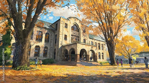 Children and students around different school buildings in various settings. AI generated image