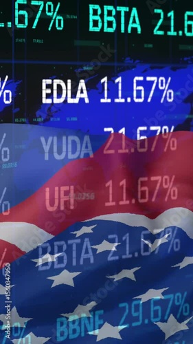 Animation of financial data processing over flags of taiwan and usa
