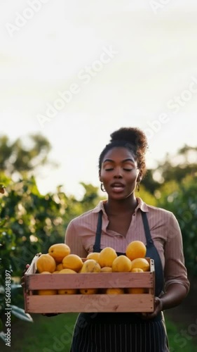 Confident young Black female farmer holding a crate of freshly picked fruit while standing in a vibrant orchard full of lush trees and natural color