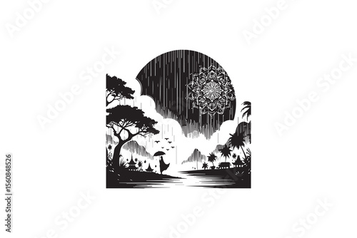 A Monsoon Vibes  silhouette with a simple, understated design set against a white background 