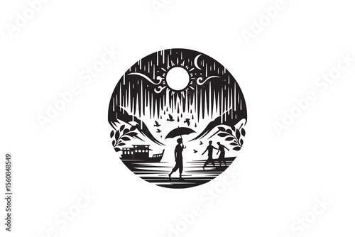 A Monsoon Vibes  silhouette with a simple, understated design set against a white background 