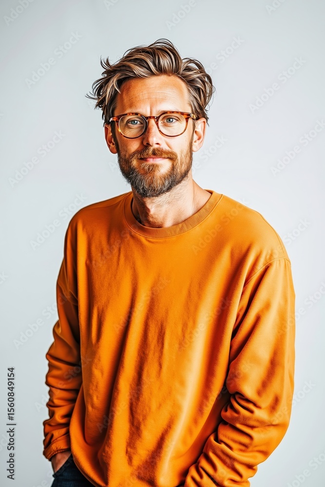 Fototapeta premium A man with glasses and a beard wearing an orange sweatshirt