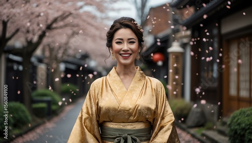Pretty American woman wearing gold kimono gorgeously happy on a historic neighborhood background with mild cherry blossoms confetti