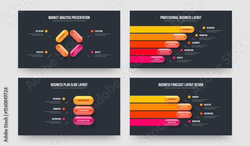 Visual Portfolio Four Five Three Four Element Infographic Slide Layout Vector Illustration Collection. Service Proposal 4 5 3 4 Step Diagram Slideshow Template Bundle.