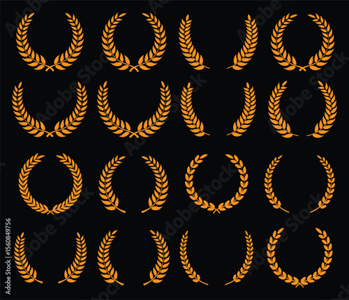 Golden Laurel leaves vector circle with branch set collection