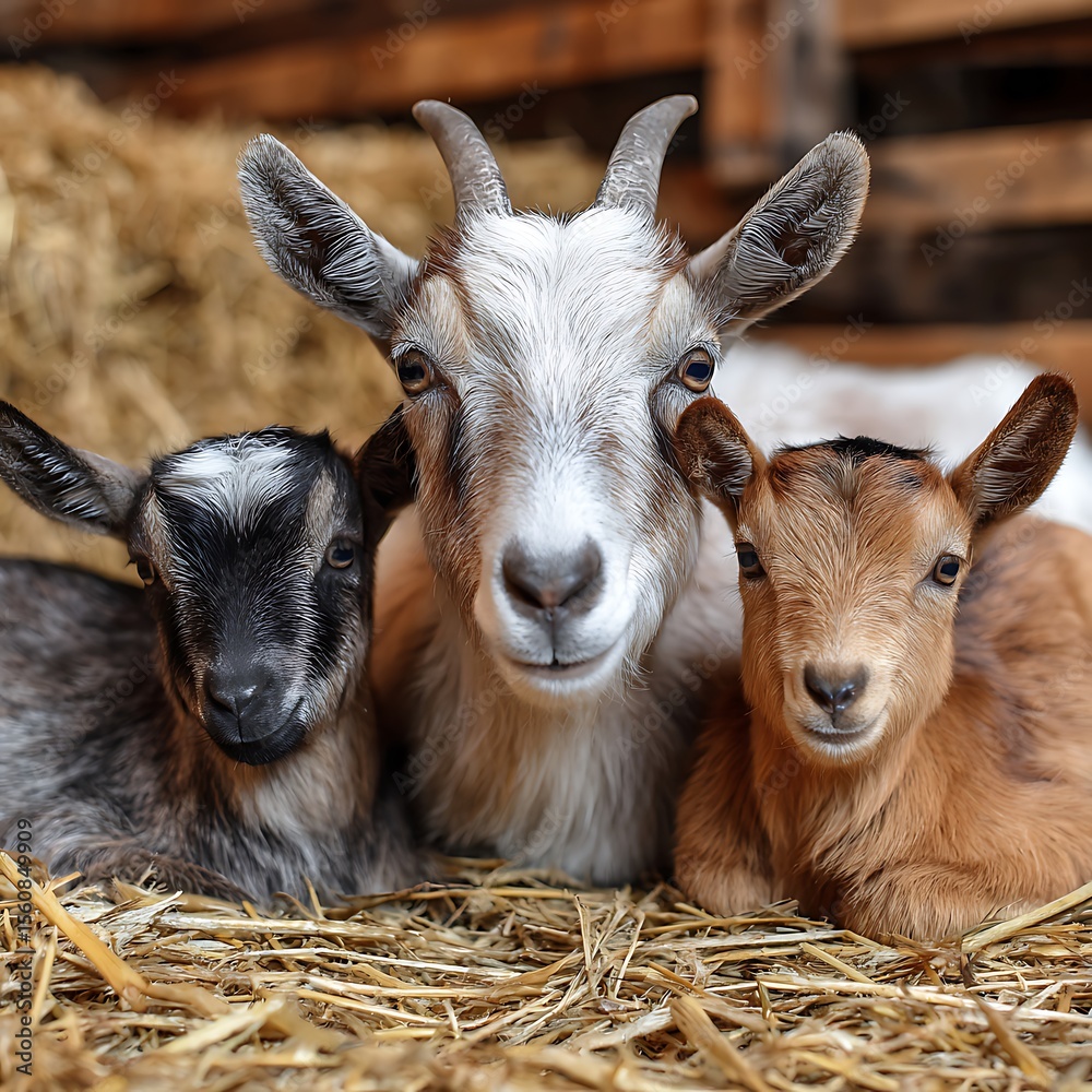Fototapeta premium A mother goat with two kids lying on straw in a barn looking at the camera closely
