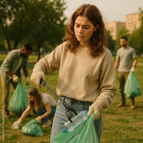 Community cleanup event volunteer team picking up trash in park for environmental conservation project effort