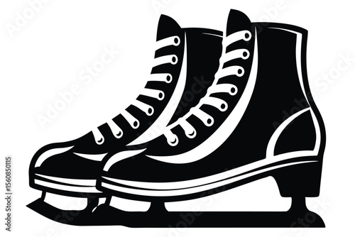 Black and White Illustration of Pair of Ice Skates with Laces and Blades