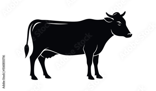 Silhouette of a black cow standing profile on a white background