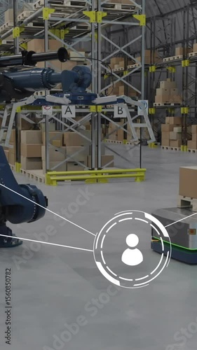 Animation of network of conncetions with icons over robotic arms and boxes in warehouse