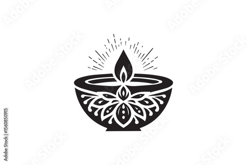 A   Diwali clay diya  silhouette with a simple, understated design set against a white background 