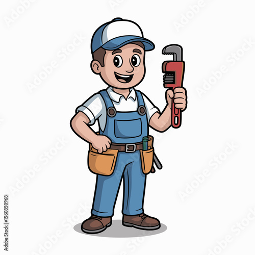 Cartoon Plumber Holding a Pipe Wrench and Smiling