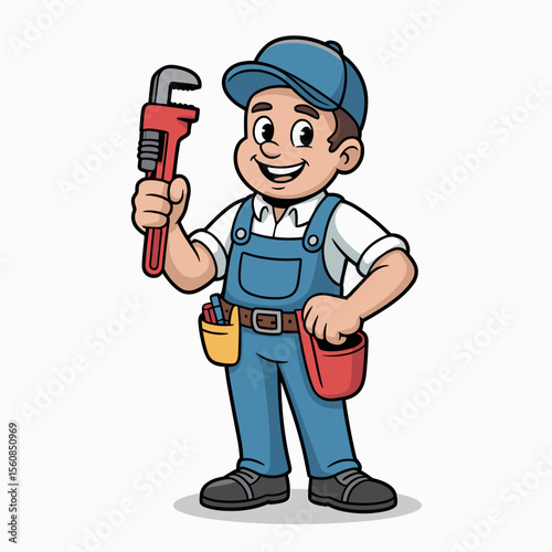Cartoon Plumber Holding a Pipe Wrench and Smiling