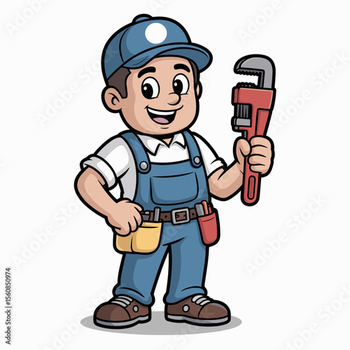 Cartoon Plumber Holding a Pipe Wrench and Smiling