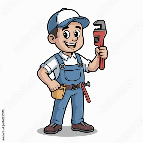 Cartoon Plumber Holding a Pipe Wrench and Smiling