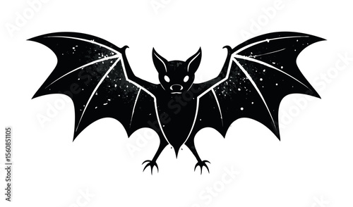 A stylized black bat with outstretched wings and glowing eyes on a white background
