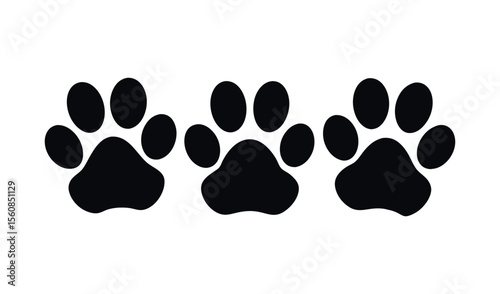Three black paw prints in a row on a white background representing pets and animals