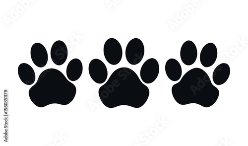 Three black paw prints in a row on a white background representing pets and animals