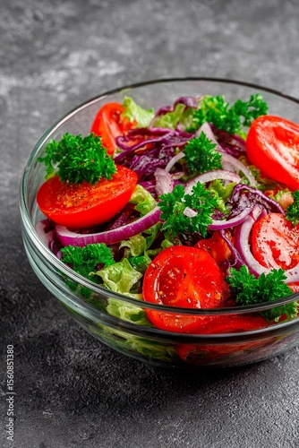 Wallpaper Mural A vibrant salad featuring crisp lettuce, juicy tomatoes, and fresh herbs arranged beautifully in a clear glass bowl. Perfect for a healthy meal or side dish Torontodigital.ca