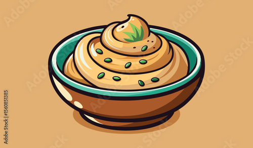 Deliciously swirled hummus dip topped with fresh green herbs in a rustic bowl
