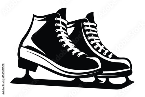 Elegant Black and White Illustration of Two Figure Ice Skates with Laces Tied