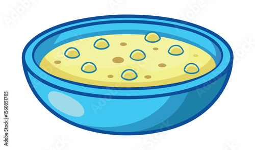 Cartoon bowl of creamy yellow soup with round toppings and a blue rim