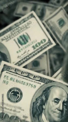 close up dynamic video of scattered united states one hundred dollar bills filling frame, showcasing benjamin franklin, 100, independence hall reverse concept of finance and currency