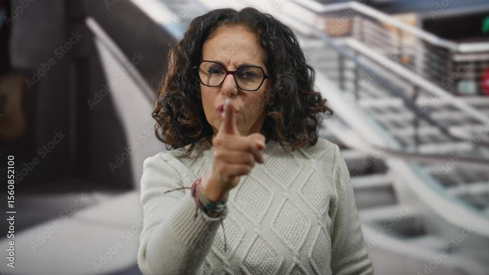 Hispanic woman with curly hair gesturing indoors in a mall setting with an expression of frustration, wearing glasses and a sweater, pointing directly at the camera.