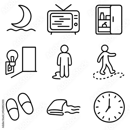 Nighttime Activity Icons. Outline style icons of Nighttime Activity Symbols: moonrise time, late TV screen, snack trip icon,