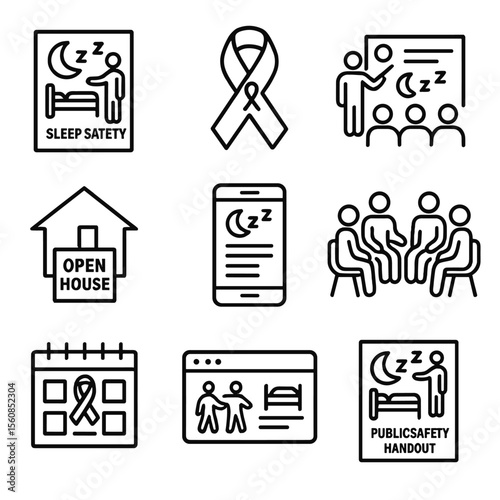 Sleepwalking Awareness Icons. Outline style icons of Sleepwalking Awareness Campaign: sleep safety poster, awareness ribbon with