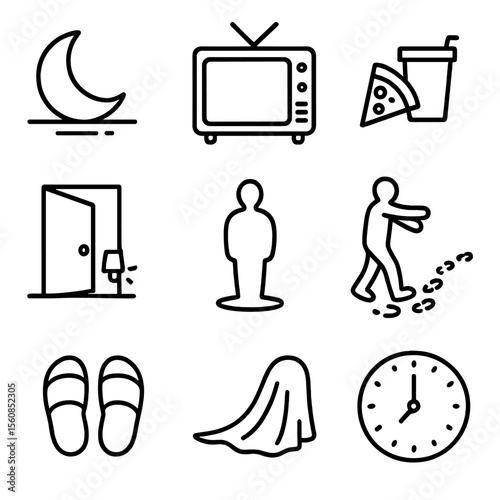 Nighttime Activity Icons. Outline style icons of Nighttime Activity Symbols: moonrise time, late TV screen, snack trip icon,