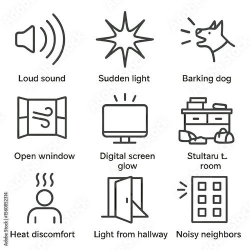 Environmental Trigger Icons. Outline style icons of Environmental Triggers: loud sound wave, sudden light burst, barking dog icon,