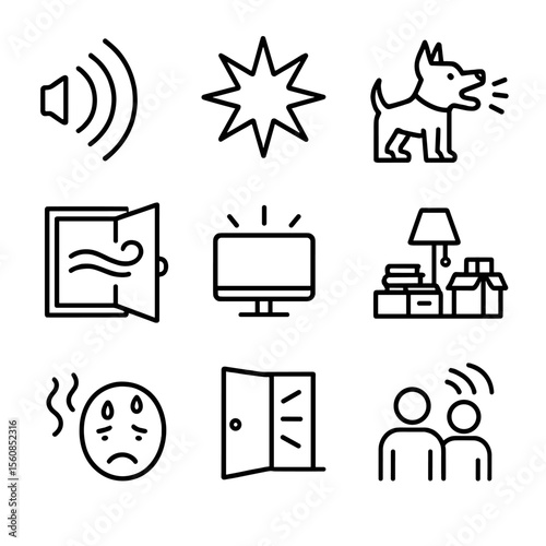 Environmental Trigger Icons. Outline style icons of Environmental Triggers: loud sound wave, sudden light burst, barking dog icon,